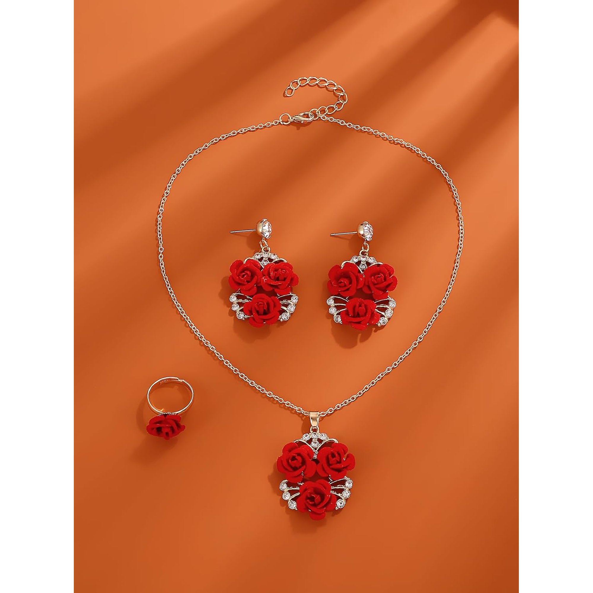 1 Set Rose Jewelry Set Rose Alloy Rhinestone Pendant Necklace Stud Earring Rings Sets for Mom Wife Jewelry Gifts Earring: 50x28mm Red