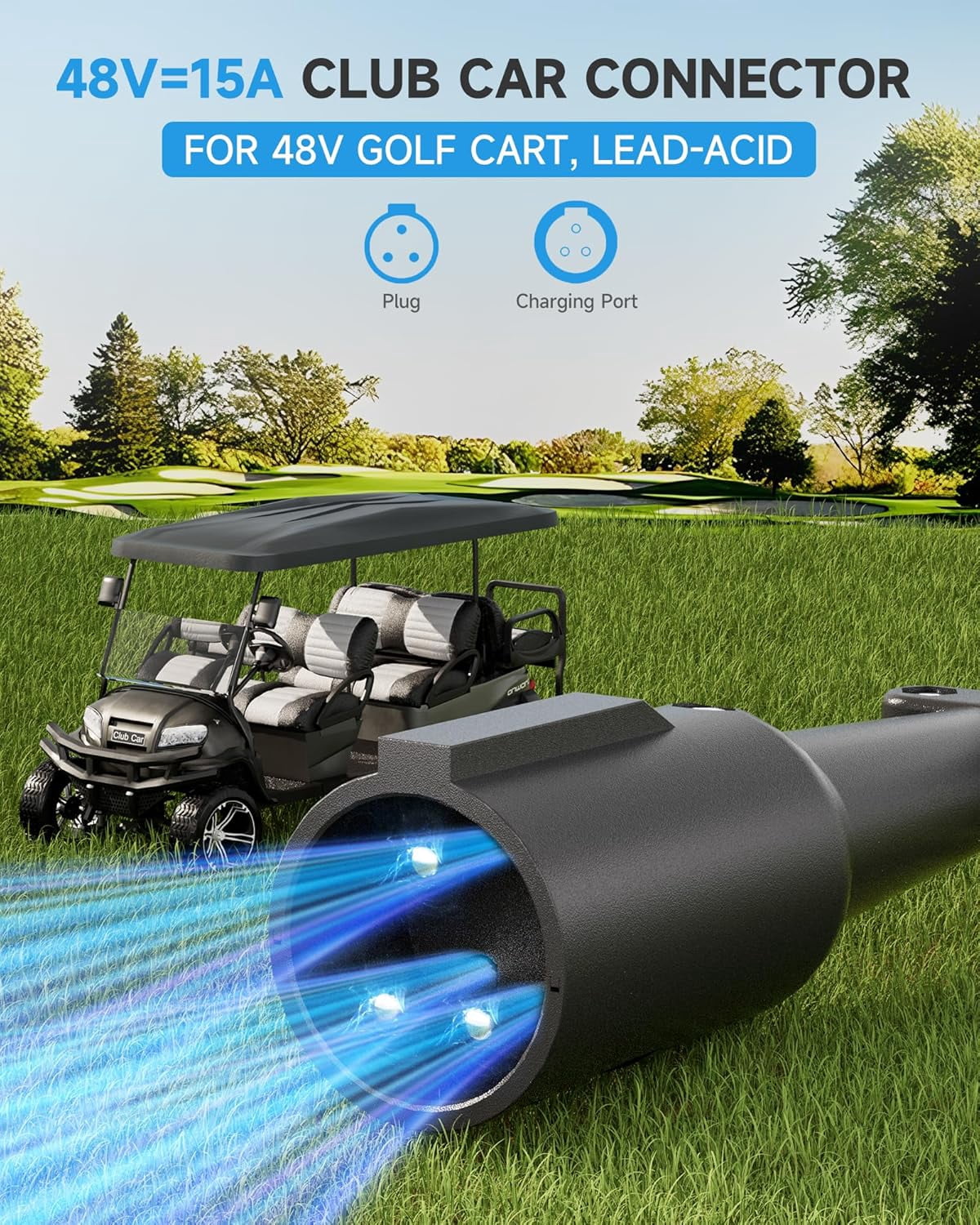 Club Car Charger, 48V 15A Golf Cart Charger, Golf Cart Battery Charger with 3-Pin Round Plug, 4-6H Fast Full Charge Trickle Charge, Lead Acid Battery Charger - IP67 Waterproof with Fan Design