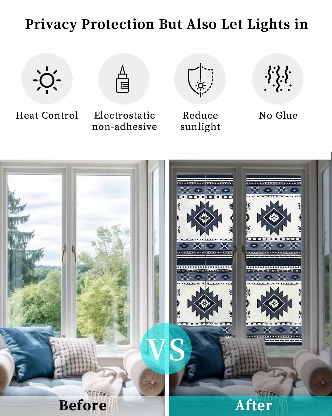 Window Privacy Film Dark Blue Boho Stained Glass Window Film Decorative Sun Block Window Cover Farmhouse Neutral Abstract Geometric Window Clings Static Adhesive Sticker for Bathroom 29.5"x118"