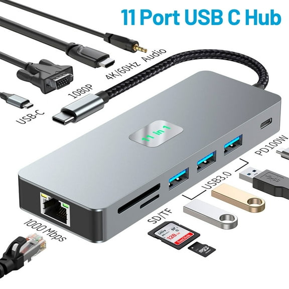 USB C Docking Station, 11 in 1 USB C Hub Multiple Adapter with HDMI 100W DP 3 USB C/A Ports Ethernet Audio, USB C Dongle for Dell/HP/Lenovo ThinkPad/Surface