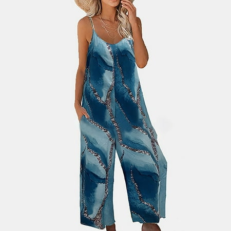 

Inkach Women Casual Boho Stripe Print Pocket Romper Long Playsuit Strap Jumpsuit