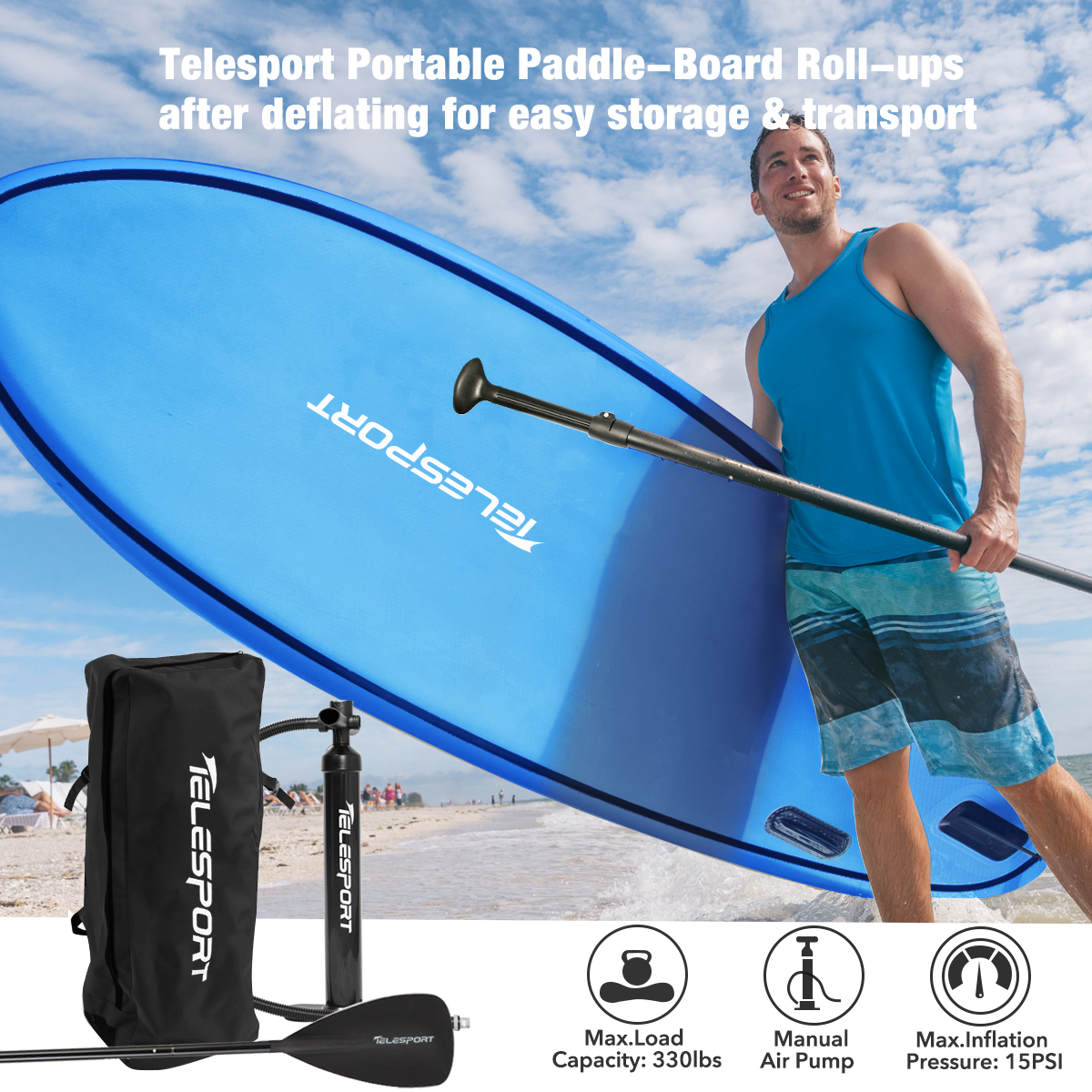 Telesport Inflatable Stand Up Paddle Board 10.6ft with SUP Carry Bag, Adjustable Paddles Non-Slip Deck, Leash and Fin for Padding Surfing - image 3 of 7