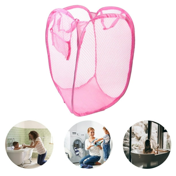 Nylon Pop up Clothes Bag Foldable Mesh Storage Laundry Basket Pink