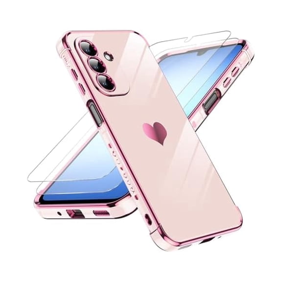 for Samsung Galaxy A17-5G Phone Case: Tempered Glass Screen Protector [2 Pcs]  Full Camera Lens Protection,Love Heart Plating Luxury Shockproof Phone Case para Samsung A 17 5G,Pink