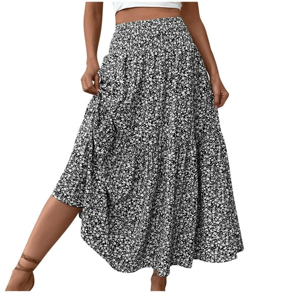 Aloohaidyvio Womens Boho Floral Print Elastic High Waist Pleated A Line Maxi Skirt