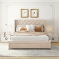 thumbnail image 2 of Queen Size Velvet Upholstered Platform Bed with Wingback Headboard & Storage Drawer, Beige, Bedroom Furniture, 84"x65", No Box Spring, 2 of 16