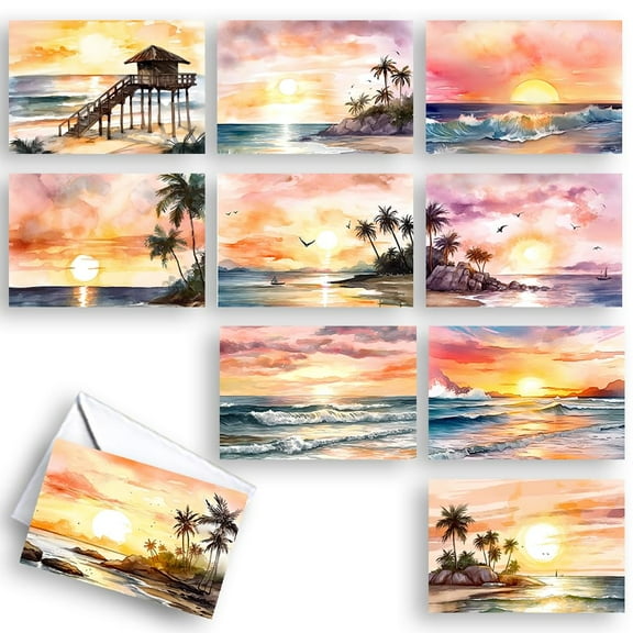 Watercolor Beach Sunset All-Occasion Blank Note Greeting Cards | 10 Pack Assortment Bulk Variety Set (4x6)