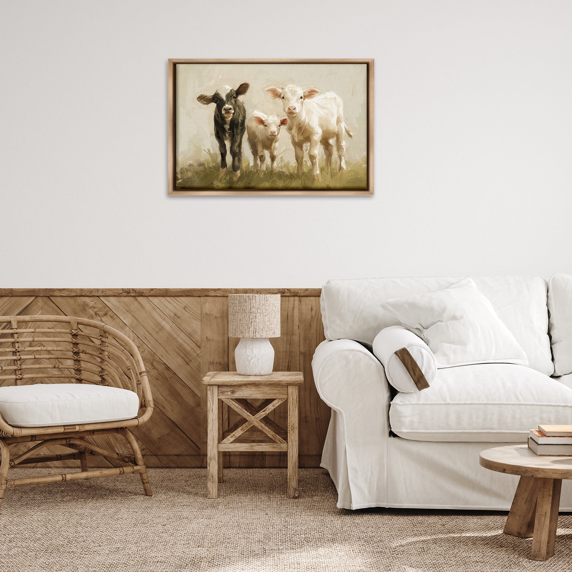 Stupell Industries Baby Cattle Trio Animals Painting Brown Floater Framed Canvas Art Print Wall Art, 31 x 21