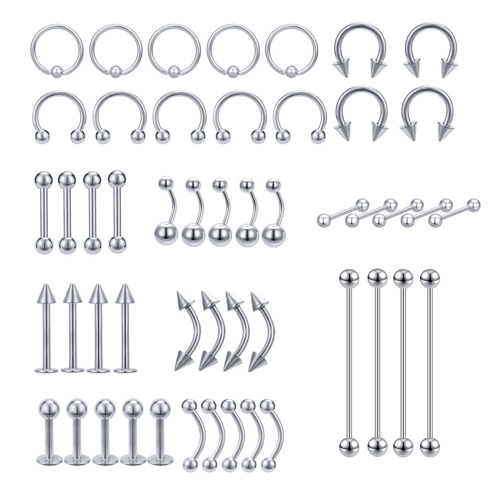 ZS 50Pcs/set Silver Belly Button Nose Septum Tongue Lip Monroe Eyebrow