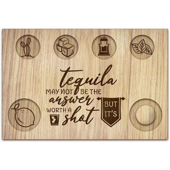 Banner Word Tequila Shot Glasses Serving Tray Wooden Glass Holder with Salt Rim Shot Glasses Board for Bar Restaurant Party Family Gathering 7.87x11.81 Inch