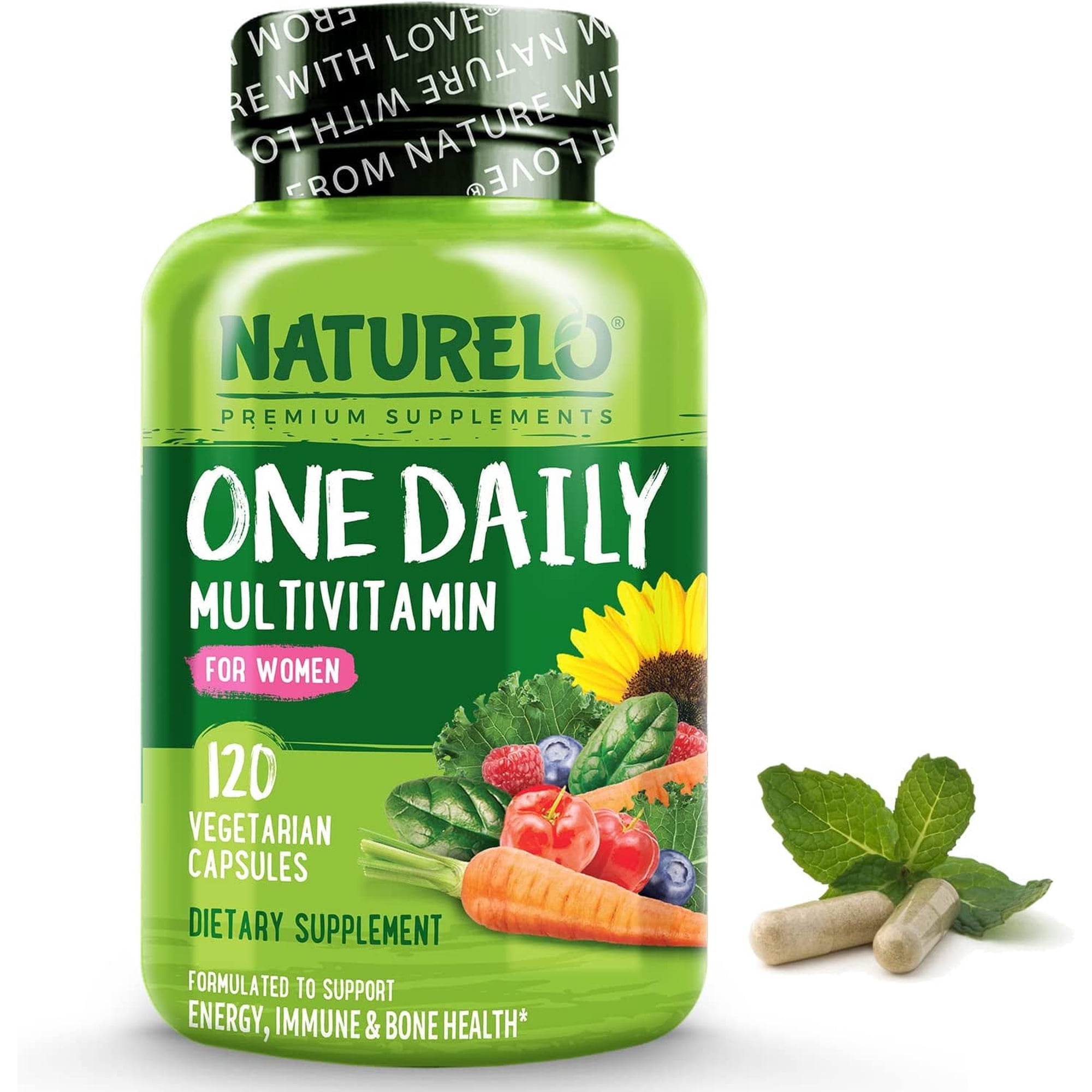 NATURELO One Daily Multivitamin for Women - Energy Support - Whole Food Supplement to Nourish Hair, Skin, Nails - Non-GMO - No Soy - Gluten Free - 120 Capsules - 4 Month Supply