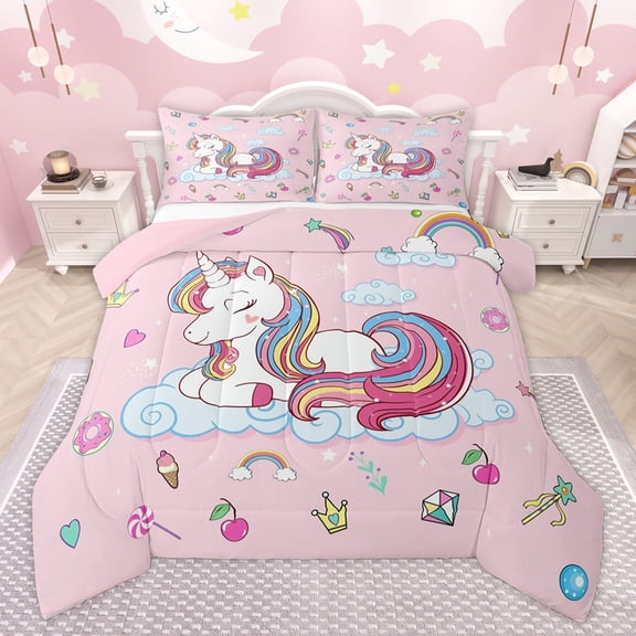 Homewish Dreamy Unicorn Teens Bedding Comforter Set, Rainbow Stars Cloud Twin Comforter Sets, Kawaii Cartoon Animal Reversible Bedding Set, Lightweight Room Decor, 2-Piece