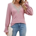 thumbnail image 1 of Camiseta holgada shaofei de manga larga con cuello en V volantes y paneles de encaje color liso rojo vino talla XXL, 1 of 5