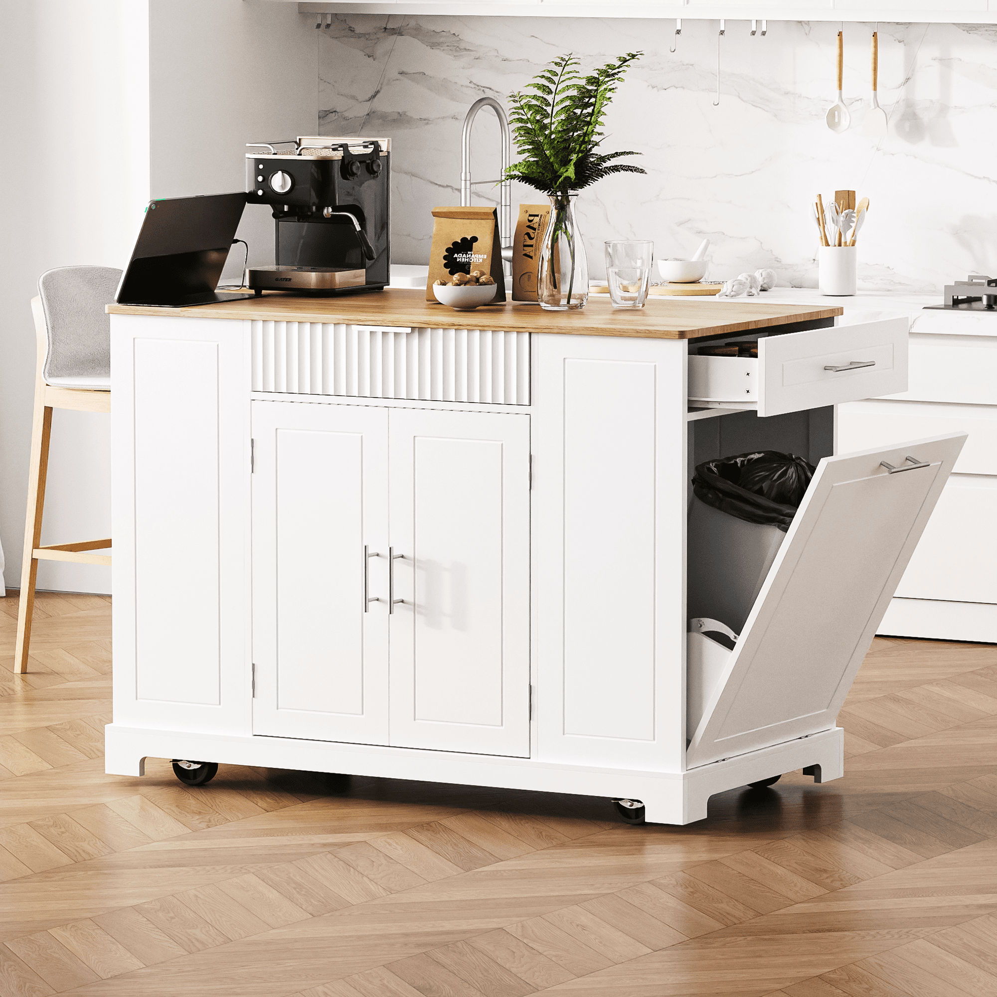 Yoneston Fluted Kitchen Island with Trash Can, Power Outlet, Wheeled Kitchen Trolley with Internal Storage Rack, 3 Drawer and 3 Open Side Racks for Kitchen, Dining Room, White