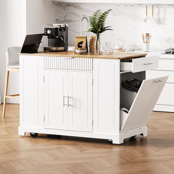 Fluted Kitchen Island with Rubber Wood Top, Trash Can Storage, Power Outlet, 3 Drawers & Open Side Racks, Mobile Kitchen Cart on 5 Wheels for 10 Gallon Garbage Bin, White
