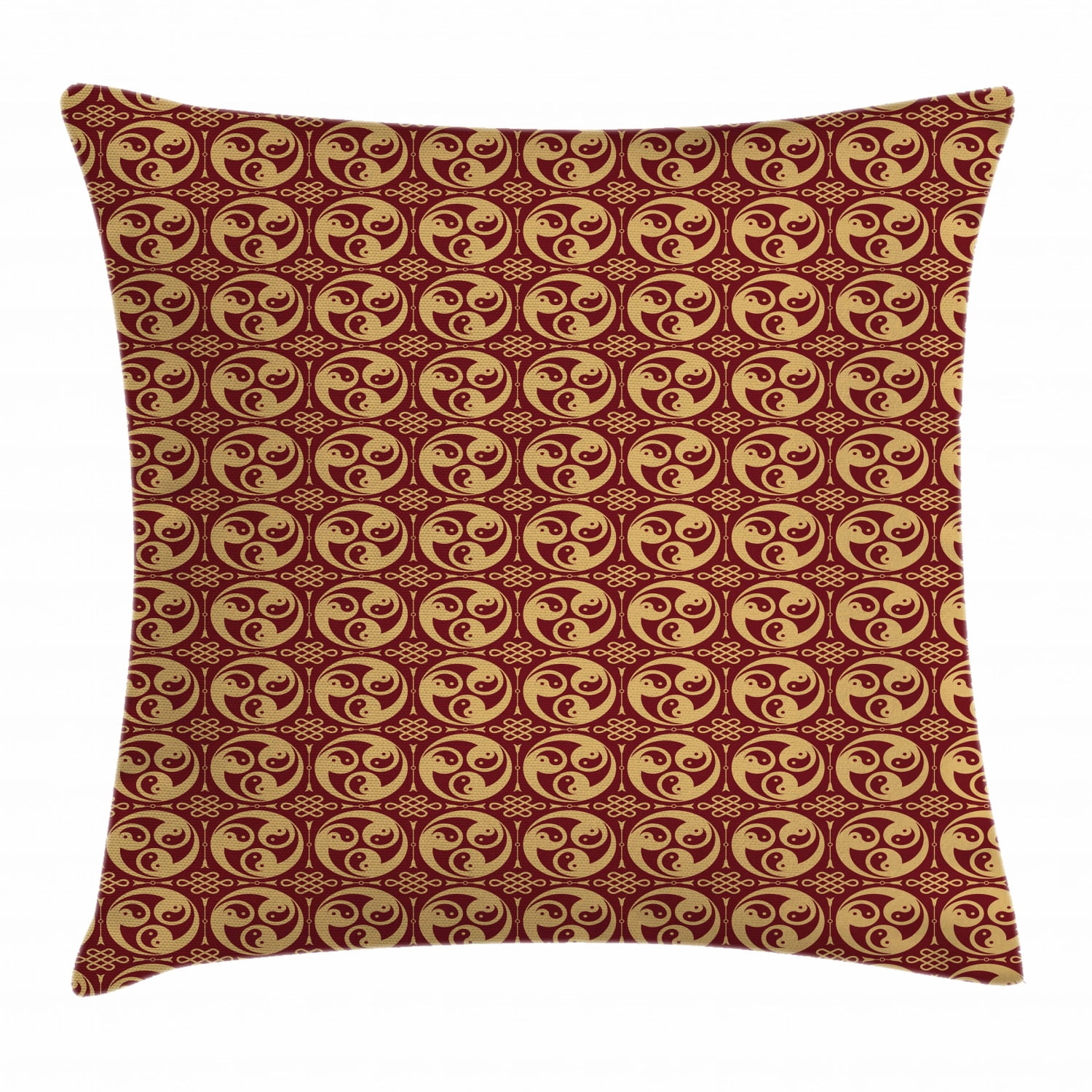 Yin Yang Throw Pillow Cushion Cover, Oriental Symbol in Triple Circular Form with Everlasting Knot Figure, Decorative Square Accent Pillow Case, 16 X 16 Inches, Sand Brown and Ruby, by Ambesonne