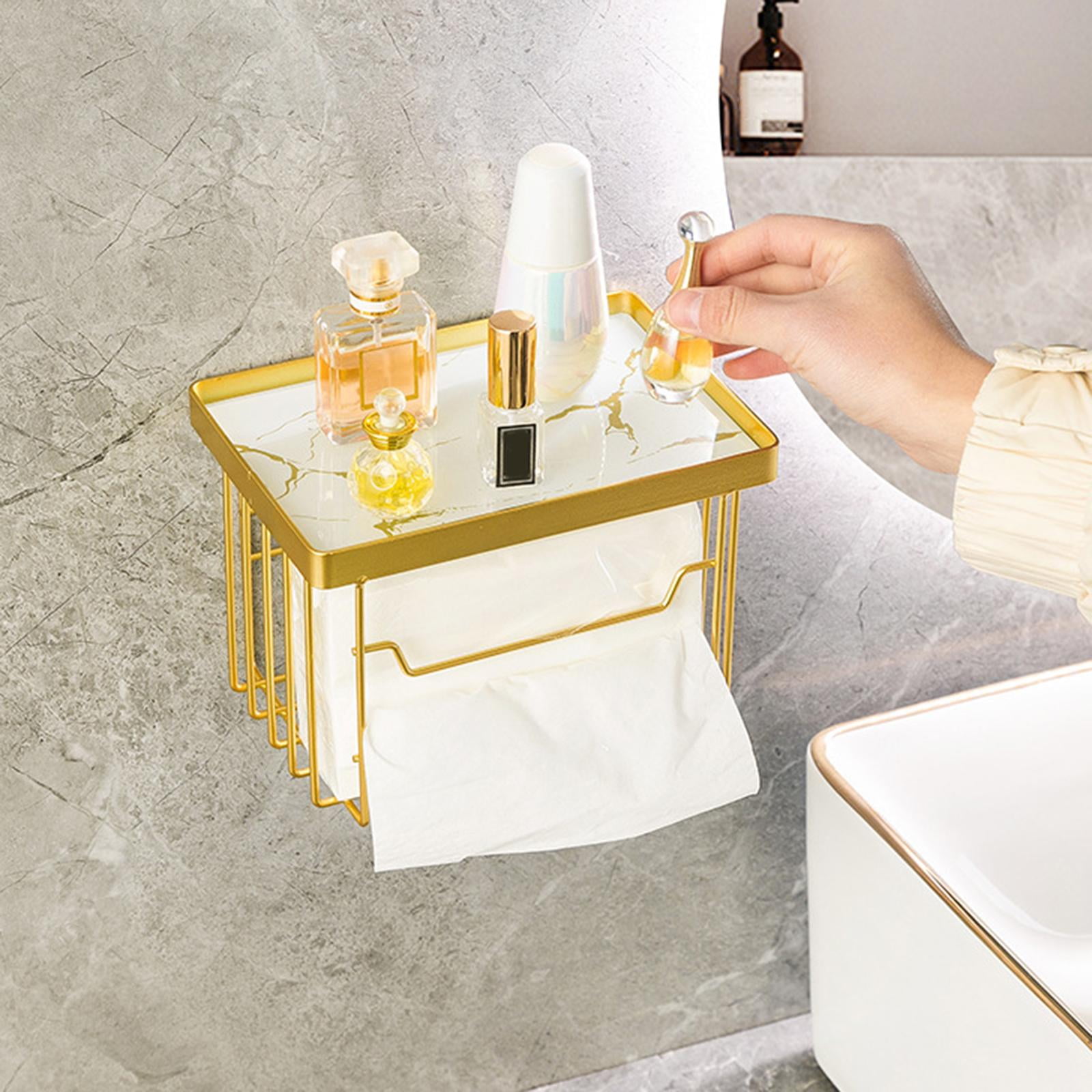 Fiocias Toilet Paper Holder with Shelf Self Adhesive Tissue Roll Dispenser and Organizer White Gold Tray