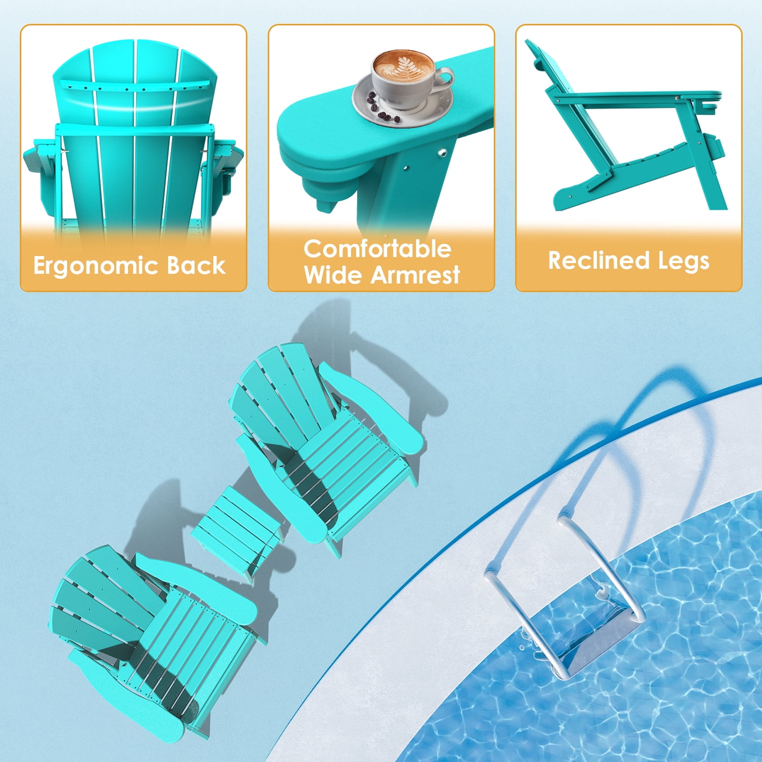 Pipopa Outdoor Folding HDPE Adirondack Chair Set of 2 with Cup Holder,All-Weather Patio Chair for Garden,Backyard,Pool,Aqua
