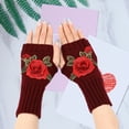 thumbnail image 3 of Eoperou 1 Pair Knitted Gloves Fingerless Flower Embroidery Thumb Hole Elegant Stretchy Cold Resistant Soft Autumn Winter Women Writing Gloves for Outdoor, 3 of 8