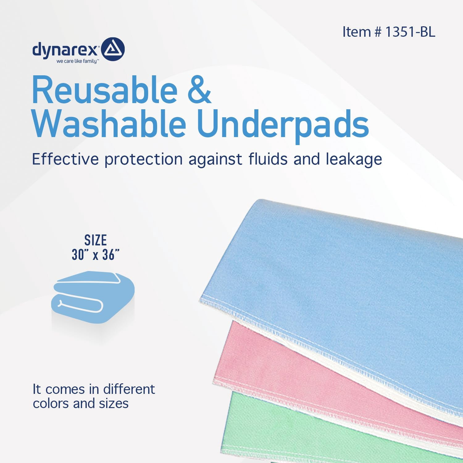 Dynarex DynaCare Incontinence Bed Pads, Reusable Washable Underpads, 30" x 36", Blue, 3 Count