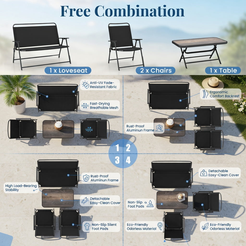 Hommoo 4-Piece Foldable Patio Furniture Set, SPC Coffee Table, Loveseat & 2 Chairs for Backyard, Poolside & Garden Use, Black