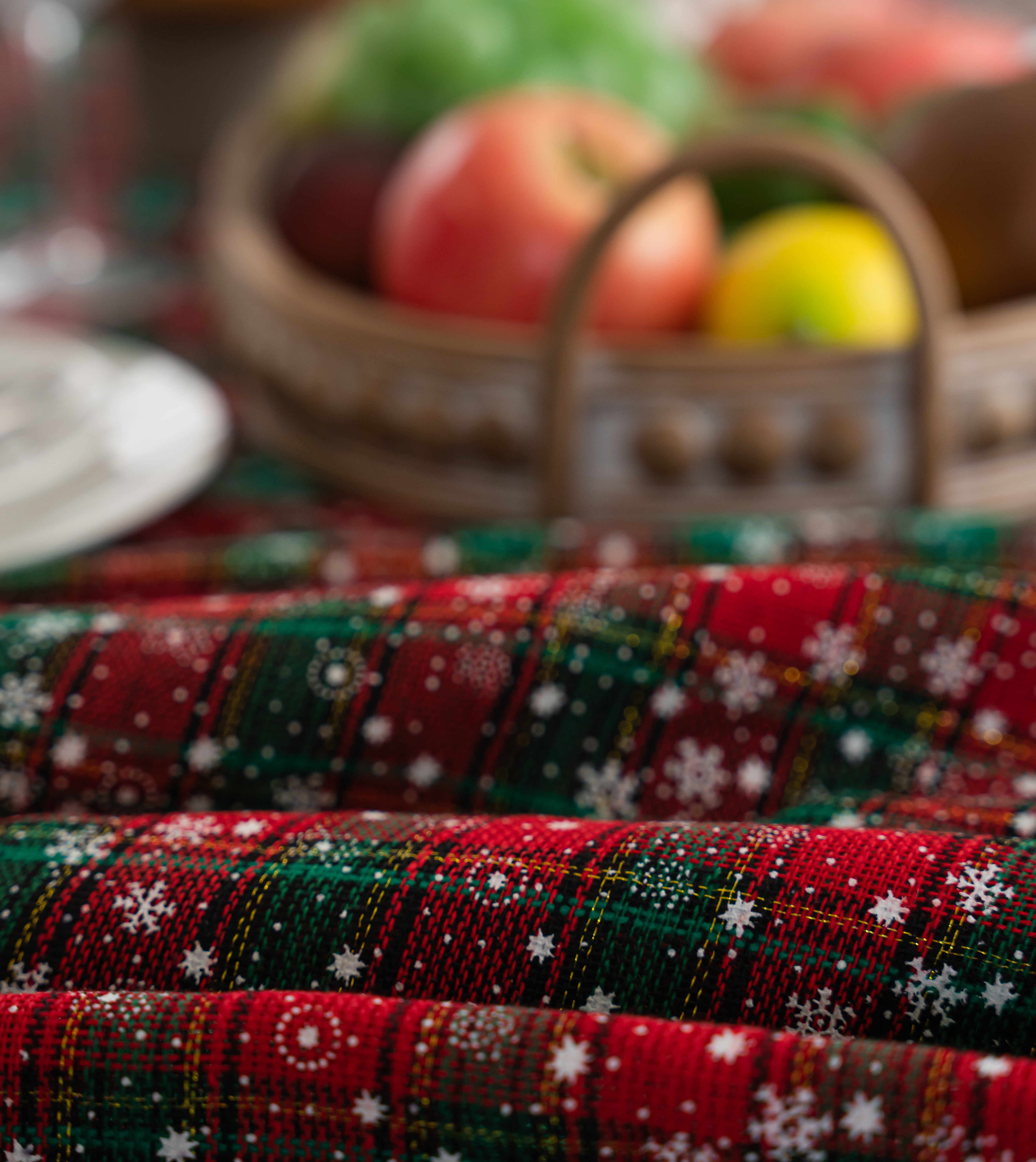 Christmas Plaid Tablecloth with Pom-Poms - Red/Green Fabric Table Cover for Holiday Dinners, Parties & Kitchen Decor 59 x 70in