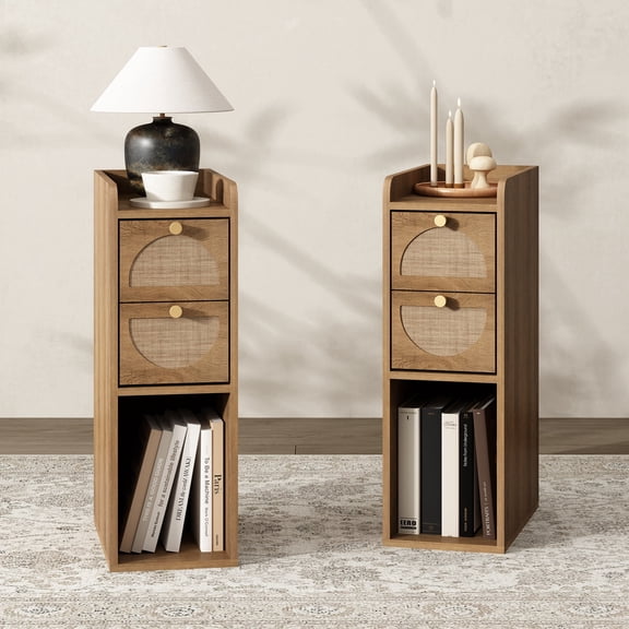 Modern Narrow Wood Nightstand Set of 2, End Table with 2 Rattan Drawers for Bedroom, Living Room