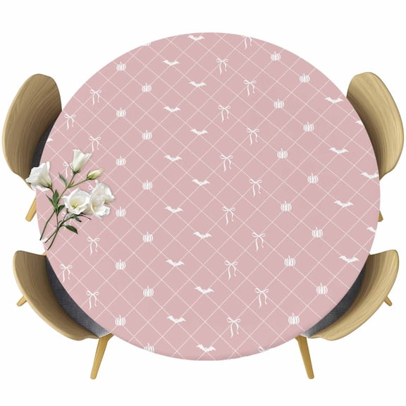 Round Table Cover 55-60 Inch Pink Halloween Waterproof Reusable Table Cloth Round Fitted Vinyl Tablecloth with Elastic Edged for Parties Outdoors, Checkered Bat Bow