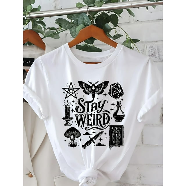 Halloween T-shirt - Stay Weird Witch Graphic Print T-Shirt - Mystical Symbols & Bold Lettering Crew Neck Short Sleeve Top for Women, Summer & Spring Casual Wear, Witchy Accessories, Quirky St