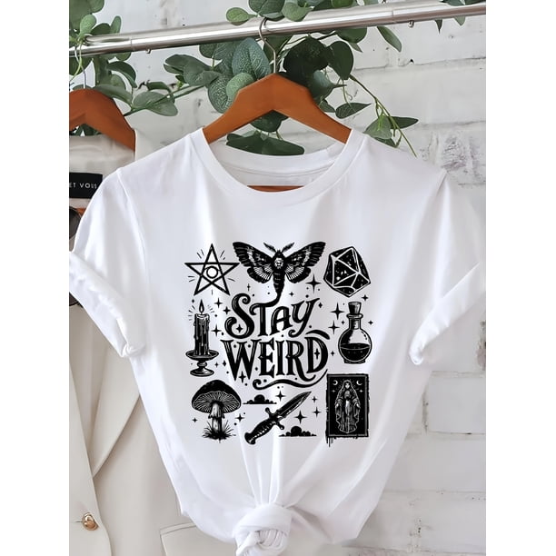 Halloween T-shirt - Stay Weird Witch Graphic Print T-Shirt - Mystical Symbols & Bold Lettering Crew Neck Short Sleeve Top for Women, Summer & Spring Casual Wear, Witchy Accessories, Quirky Style
