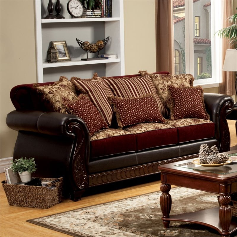Furniture Of America Lozano Faux Leather Sofa In Burgundy And Dark Brown Walmart Com