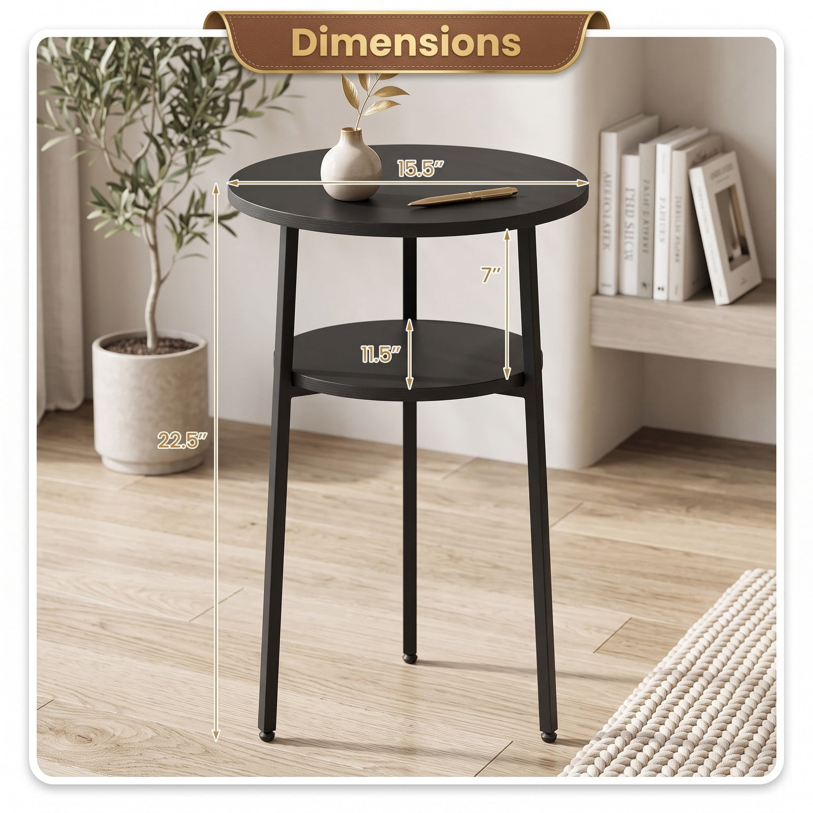 Furnibear Set of 2 Round Side Table with Storage Shelf and Metal Frame, 2-Tier End Table Nightstand for Living Room Bedroom Small Spaces, Black