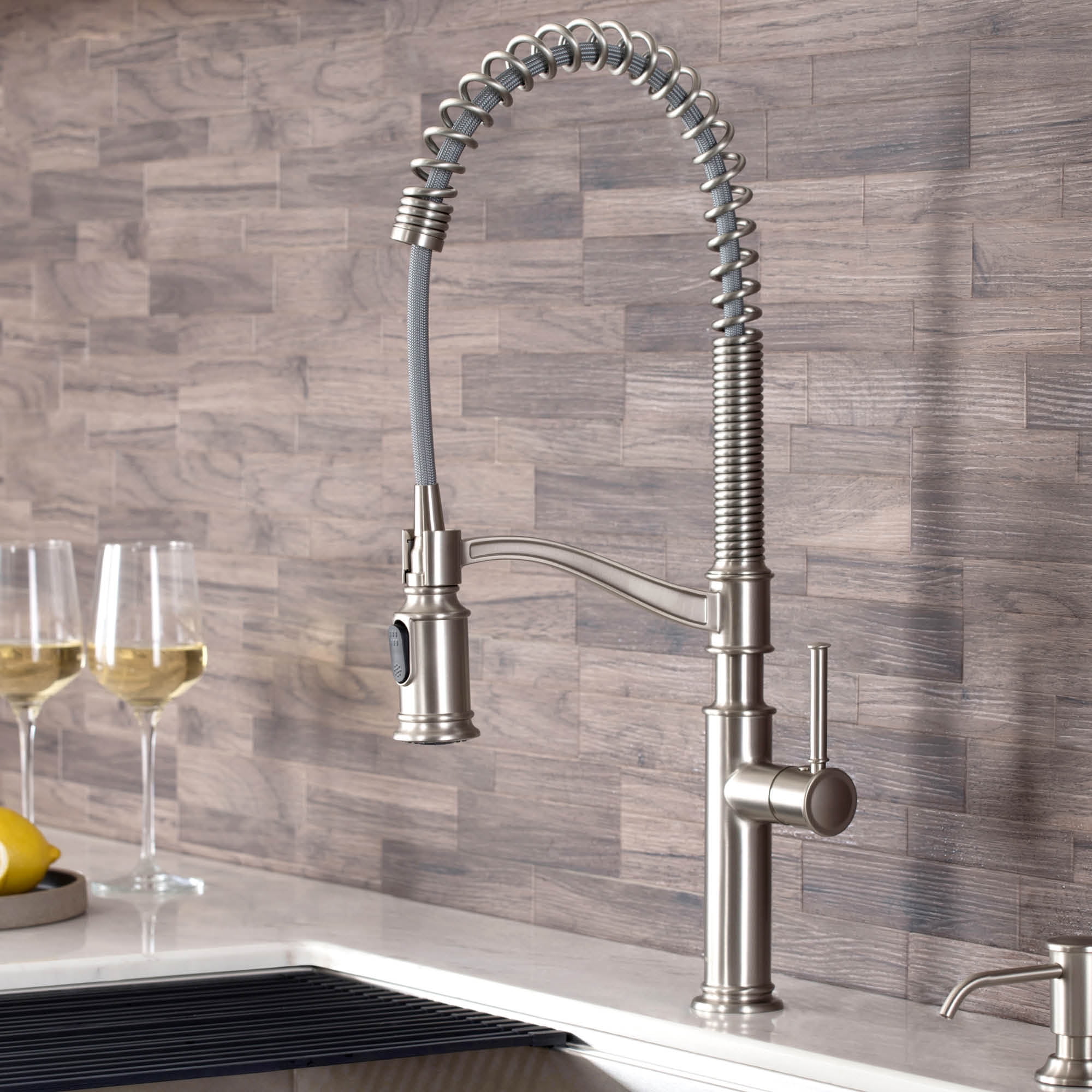 Sellette™ Commercial Style PullDown Kitchen Faucet with Deck Plate and Soap Dispenser in Spot