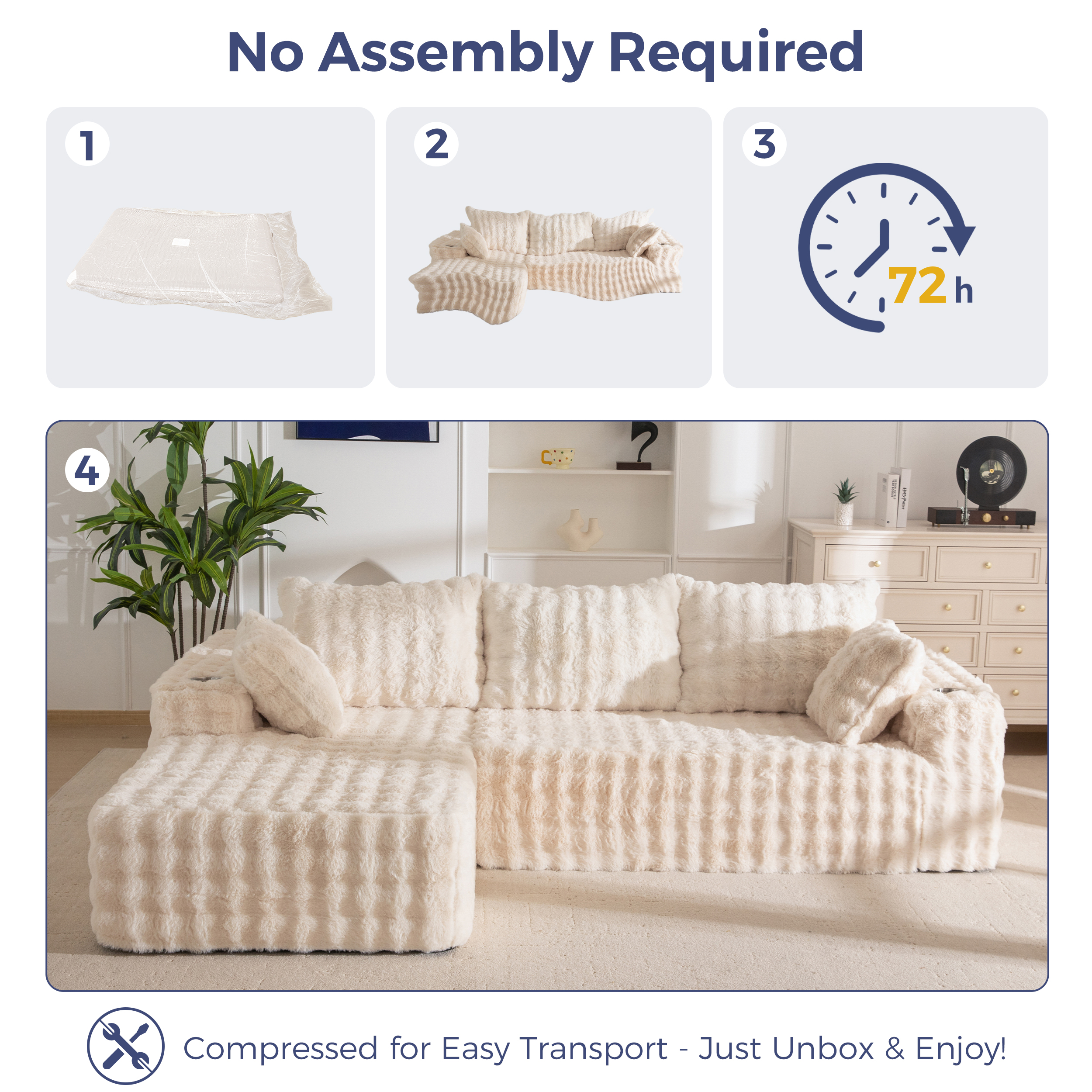 BYBYME 104" Cloud Sectional Couch with L-Shape Chaise Modern Soft Comfy Modular Plush Sofa for Living Room,No Assembly Required,Left Facing Chaise,Beige