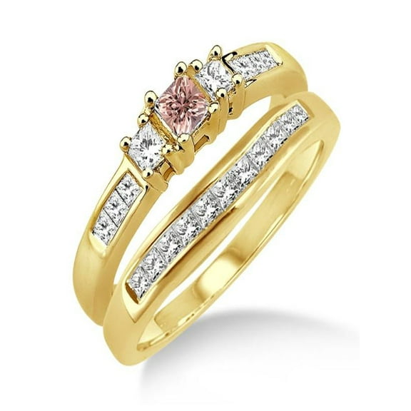 1.25 Carat Morganite & Diamond Elegant Three Stone Trilogy Round Cut Bridal set on 10k Yellow Gold
