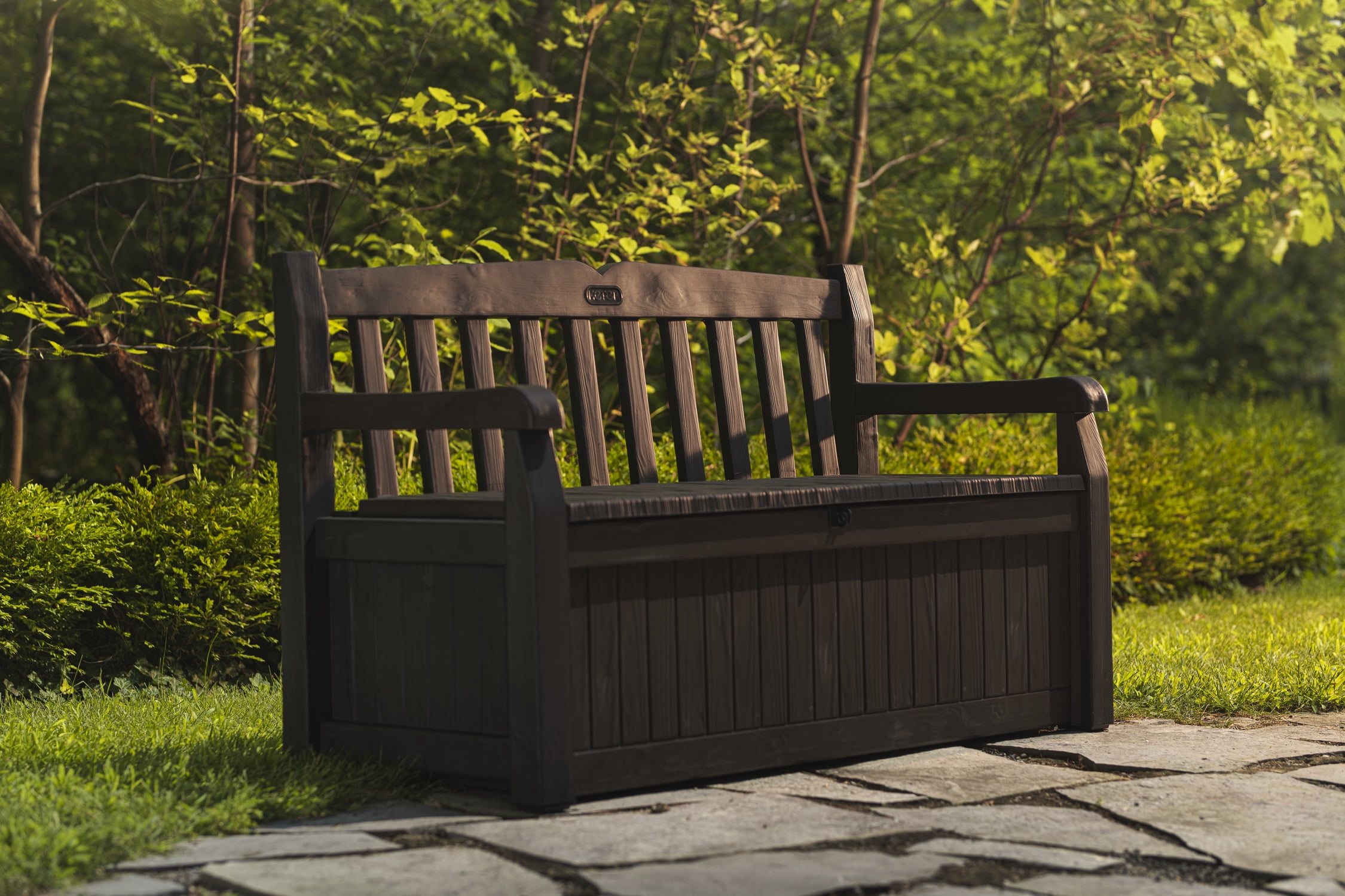 Keter Solana 70 Gallon Storage Bench Deck Box for Patio Furniture, Front Porch Decor and Outdoor Seating - Perfect to Store Garden Tools and Pool Toys, Brown
