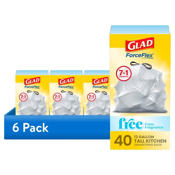 (6 pack) Glad ForceFlex Tall Kitchen Drawstring Trash Bags, 13 Gal, Fragrance Free, 40 Count