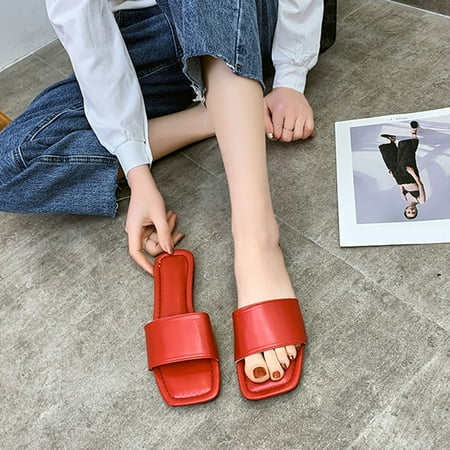 

Ecqkame Womens Flat Slide Sandals Clearance Womens Summer Fashion Solid Color Slippers Square Head Flat Multicolour Casual Slippers Red 37