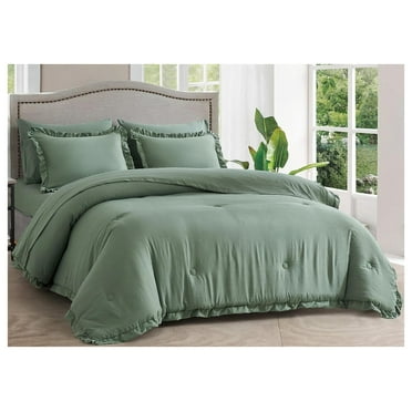 Eleanora King Bed in a Bag 7-Pieces Ruffled Edge Trim Stone Washed Double Brushed Microfiber Comforter with Sheets Lightweight All Season Bedding Set (King, Sage Green) Sage, Ruffled Edge