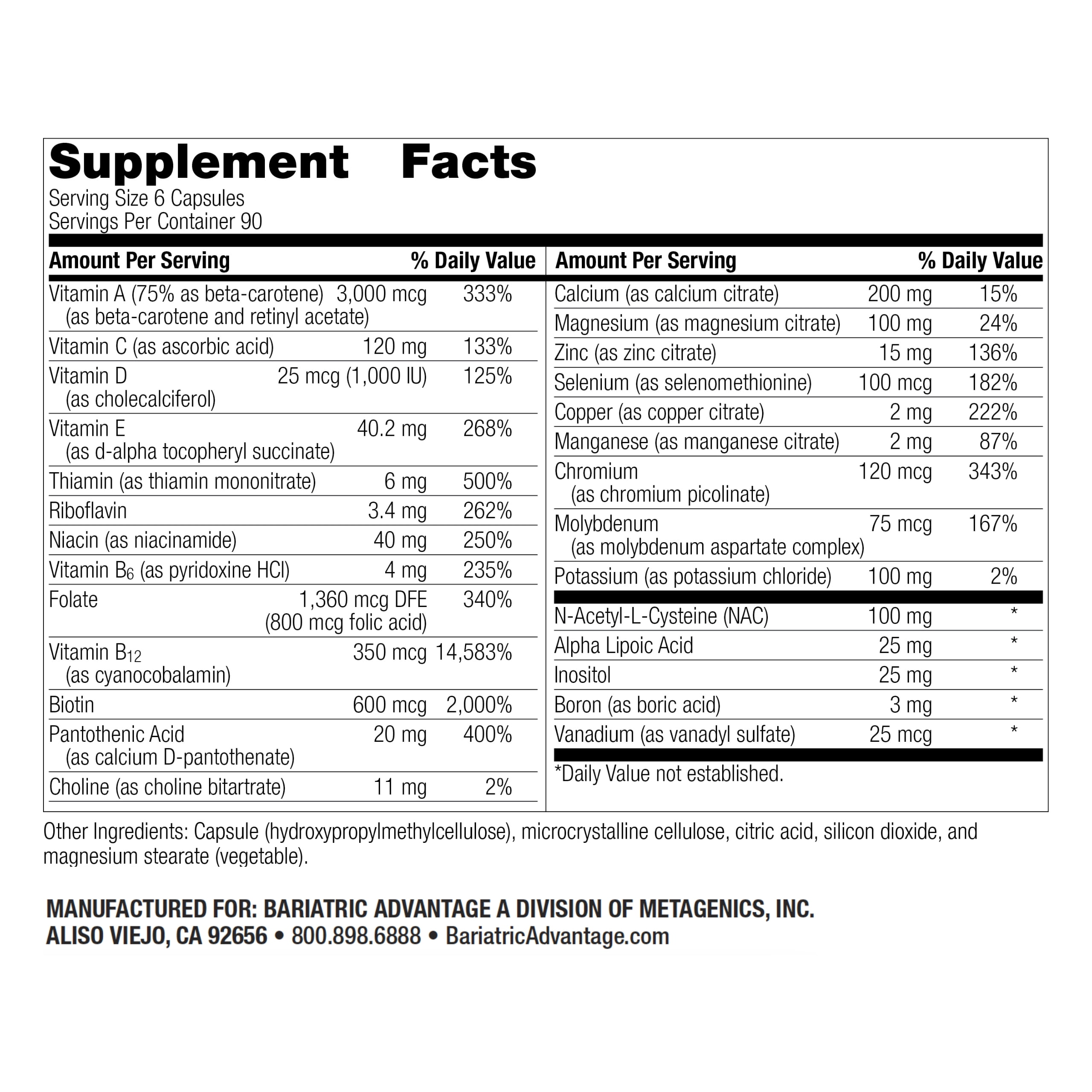 Bariatric Advantage Multi Formula Without Iron, High Potency Daily Multivitamin for Bariatric Surgery Patients with 22 Essential Vitamins and Nutrients - 540 Capsules
