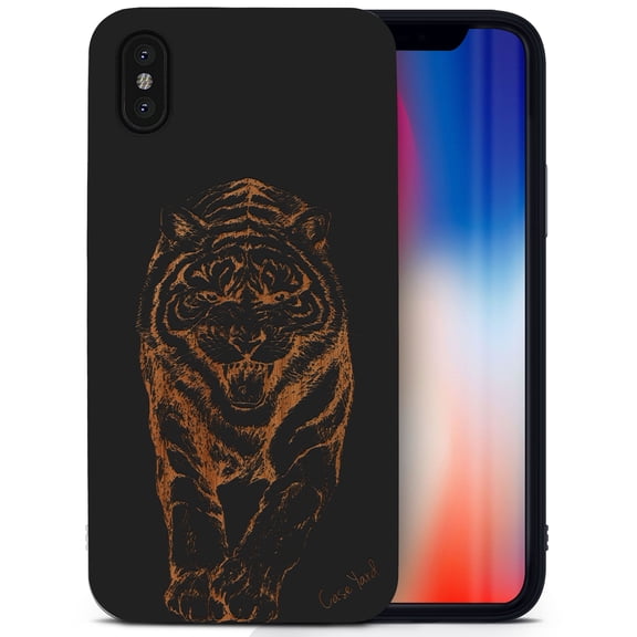 Case Yard Wooden Case for iPhone-XS-Max Soft TPU Silicone cover Slim Fit Shockproof Wood Protective Phone Cover for Girls Boys Men and Women Supports Wireless Charging The Tiger Walk Design