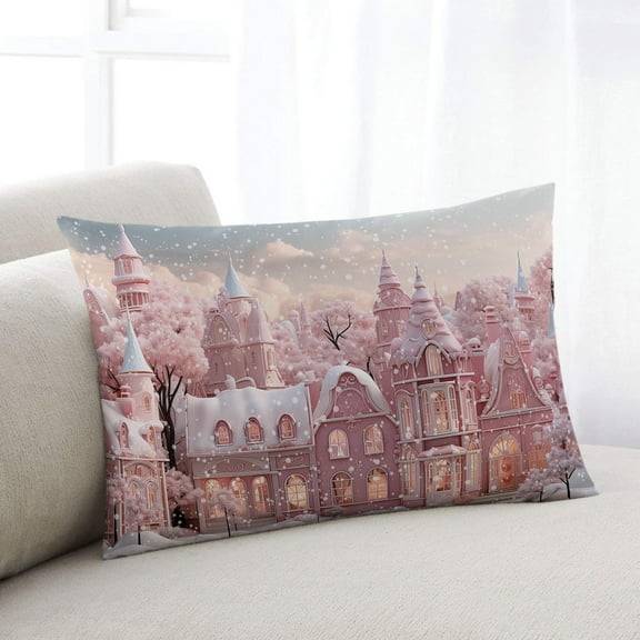 Pink Christmas Throw Pillow Covers, Pink Xmas House Winter Snowflake Soft Breathable Pillow Cases with Invisible Zipper for Sleeping, King Size Pillowcases for Couch Bed Sofa Chair 20x36 Inches