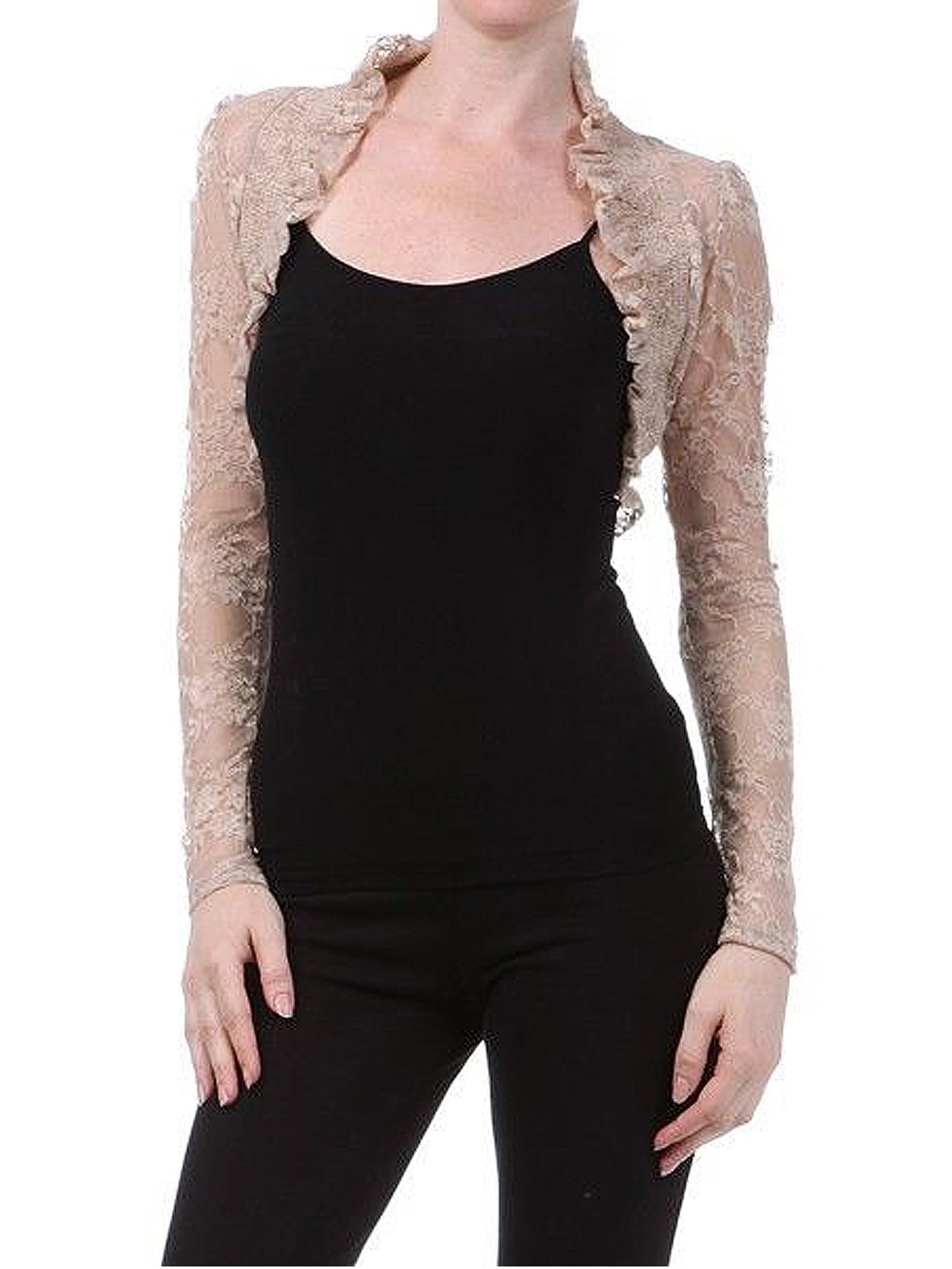 Imagenation Lace Cropped Long Sleeve Shrug Bolero, Khaki, Large