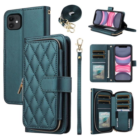 Furiet Argyle Wallet Case for iPhone 12 Mini 5.4 with Wrist Strap Shoulder Strap, Card Slot Zipper Purse Stand Checkered Cell Phone Cover for iPhone12mini 5G i 12s iPhone12 12mini Girls Green