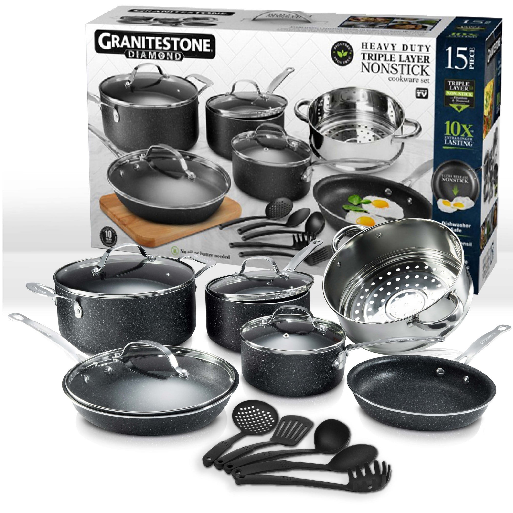 Granitestone Diamond Nonstick Pots and Pans 15 Piece Kitchen Cookware Set Cooking Frying Sauce Pan Stock Pot Black