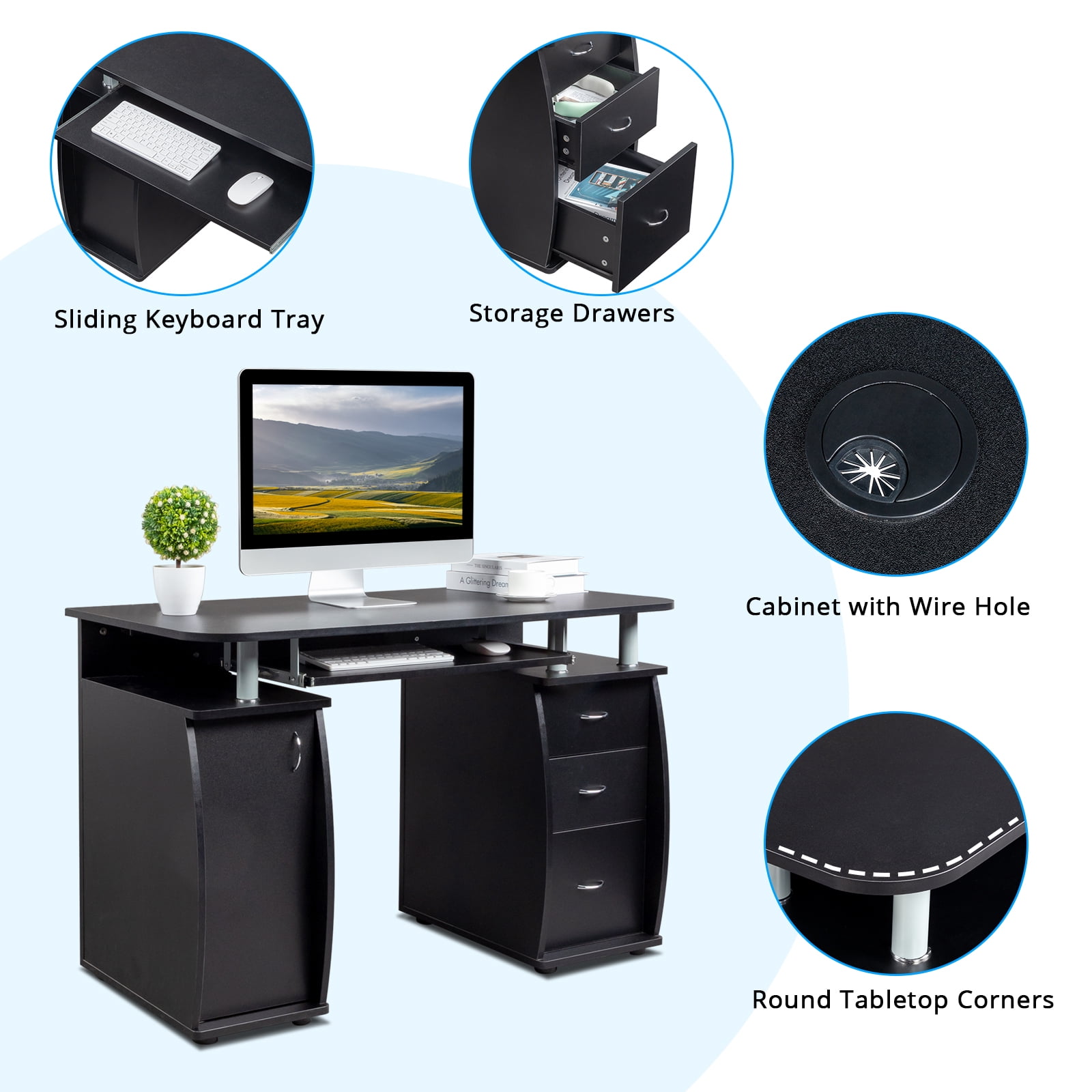 Ktaxon Black 3 Drawers Computer Desk Black Study Workstation Office Furniture