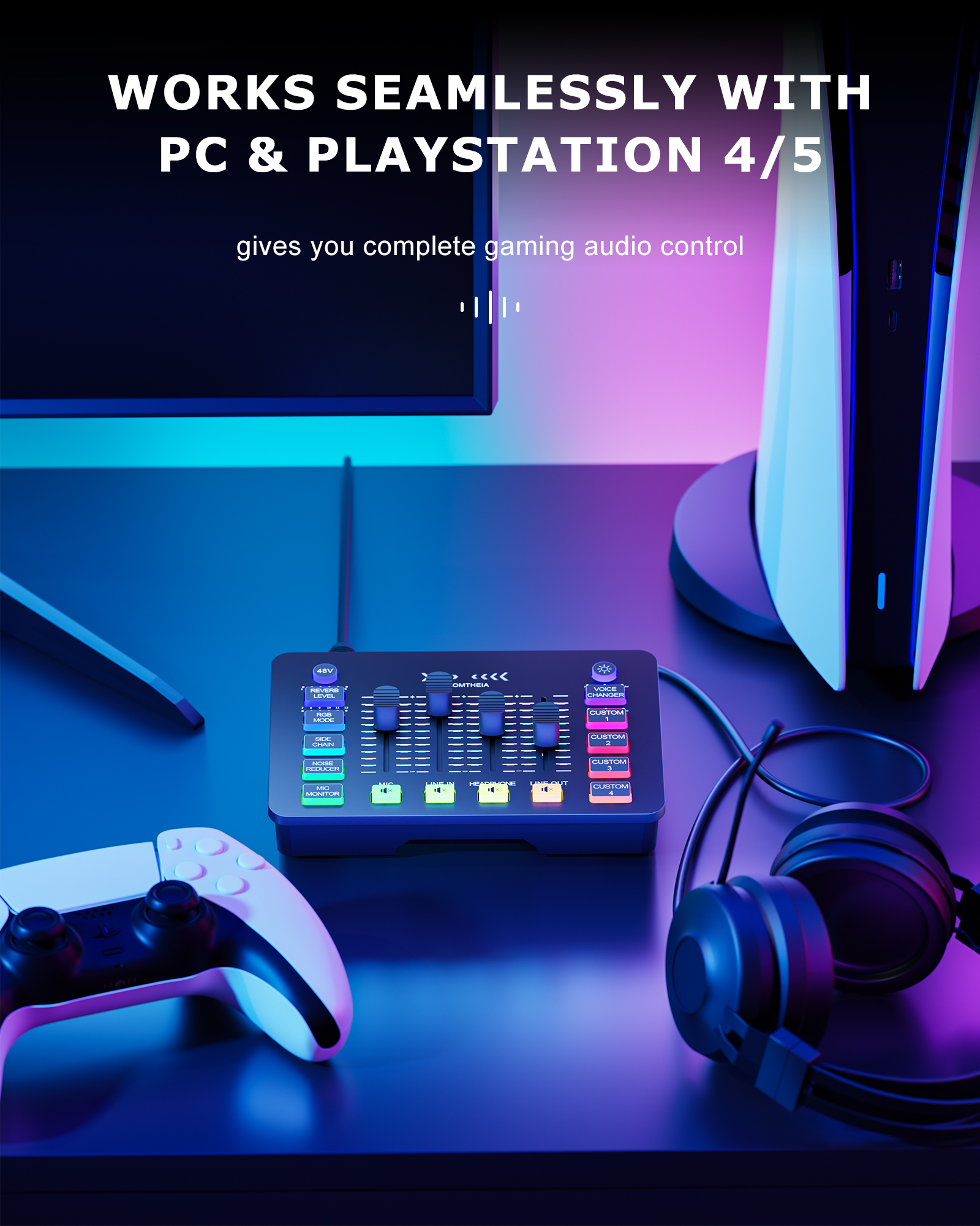Gaming Sound Board Audio Interface Voice Changer for PC PS4 PS5 Streaming Mixer Soundboard Compatible with XLR Condenser/Dynamic Microphone