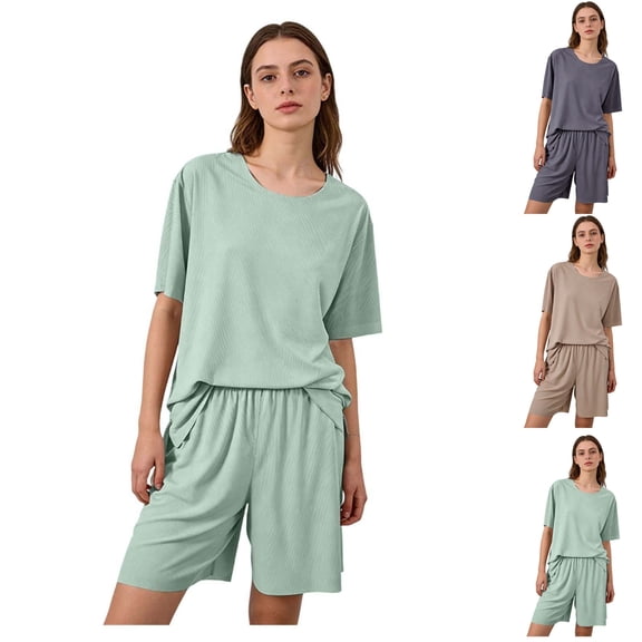 LIBRCLO Pajamas Sets for Women Crew Neck Short Sleeve Tops and Shorts Solid Color Breathable Summer Sleepwear Loungewear Set