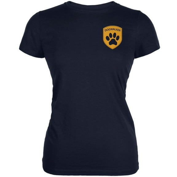 Dog Dogwalker Badge Makes Frequent Stops Navy Juniors Soft T-Shirt - 2X-Large