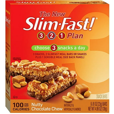 Slim-Fast 3-2-1 100 Calories Bars: Nutty Chocolate Chew .81Oz Bars Snack Bar, 6 Pk